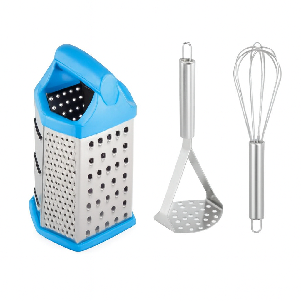 3-Piece Stainless Steel Kitchen Tool Set – Grater, Masher, Whisk